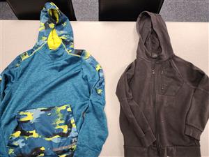 blue and yellow camo, gray zip up