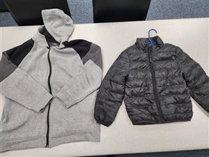 light gray zip up, puffer black