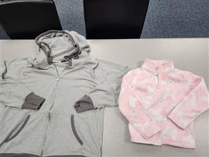 light gray zip up, pink quarter zip