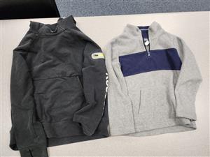 black sweatshirt, gray quarter zip navy stripe