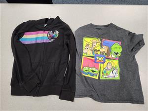 black zip up with rainbow, toy story tshirt