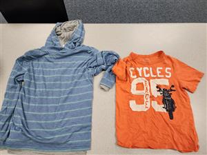 light blue striped long sleeve, cycle orange tshirt