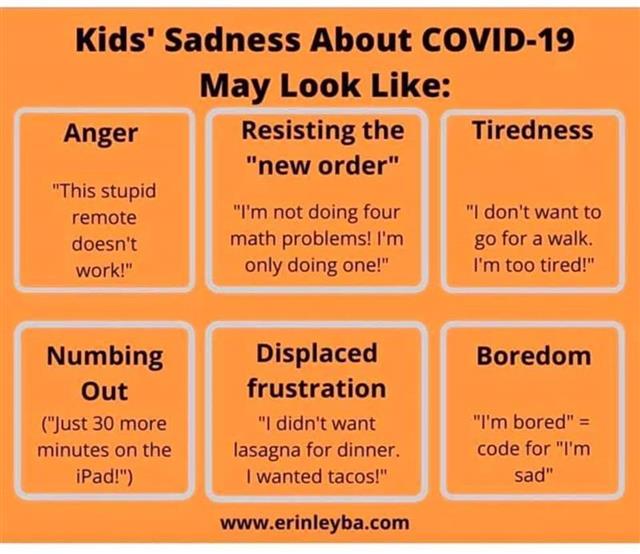 Kids' Sadness About COVID-19 May look like: Anger, Resisting the "new order", Tiredness, Numbing Out, Displaced frustration, Kids' Sadness About COVID-19 May look like: Anger, Resisting the "new order", Tiredness, Numbing Out, Displaced frustration,