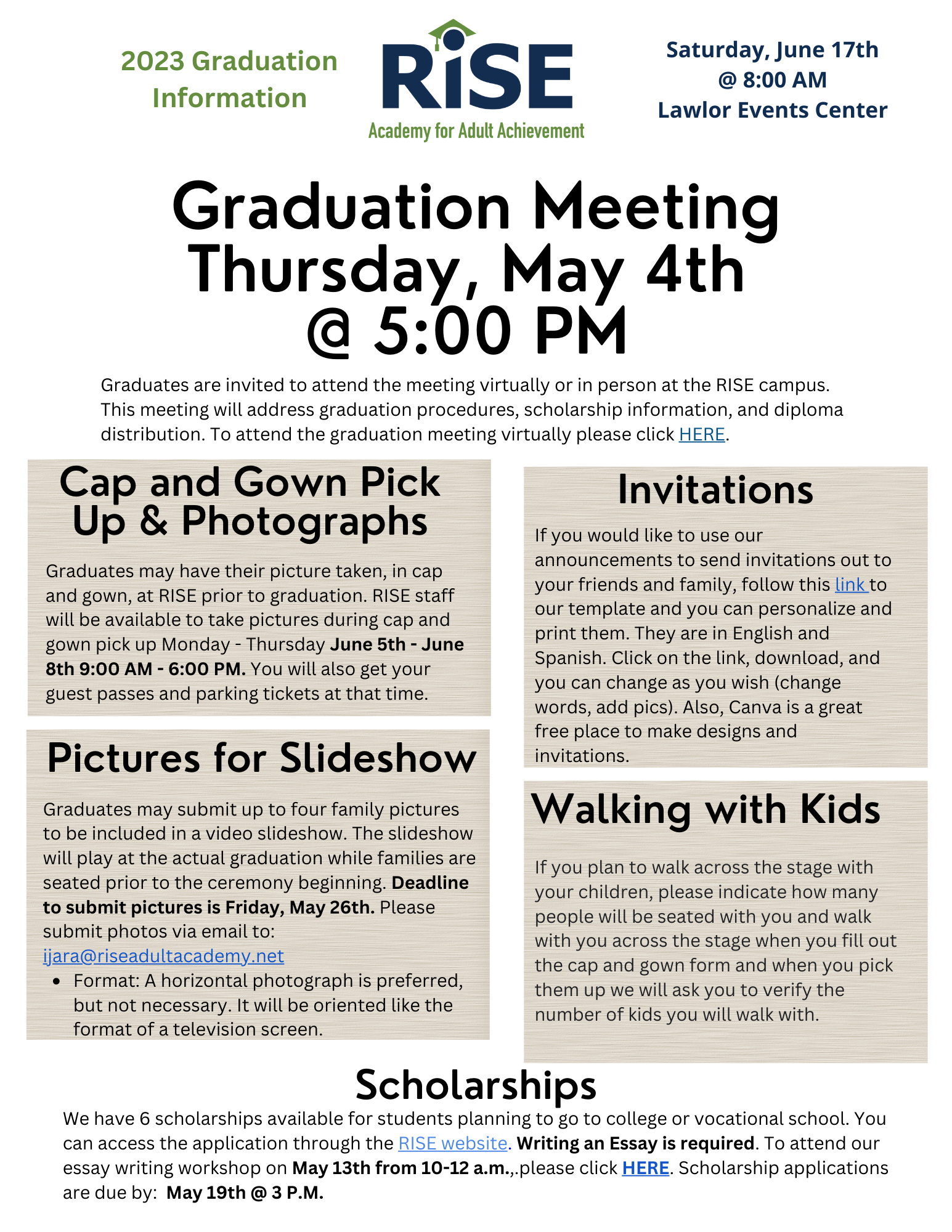 Narrative description of Graduation meeting May 4th and virtual link, pick up cap and gown June 5th-June 8th 9-6, submit pics